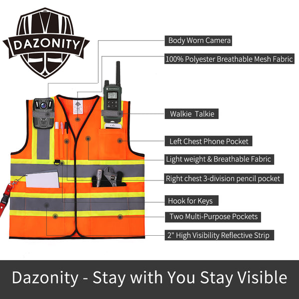 Dazonity High Visibility Safety Vest with Multi Pockets and Zipper , Fit  for Men & Women, Work,Parking,Warehouse
