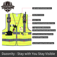 Dazonity High Visibility Safety Vest with Multi Pockets and Zipper , Fit for Men & Women, Work,Parking,Warehouse